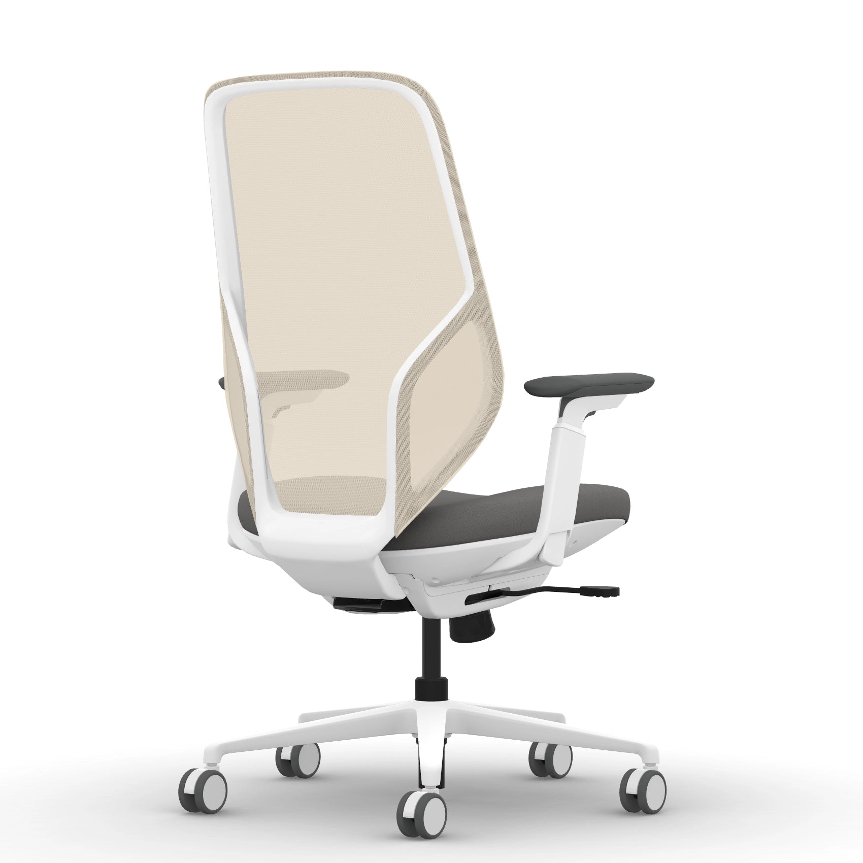Back view of the 9to5 Tori Highback ergonomic task chair in white frame, gray fabric, and white mesh. Kansas City Office Design.