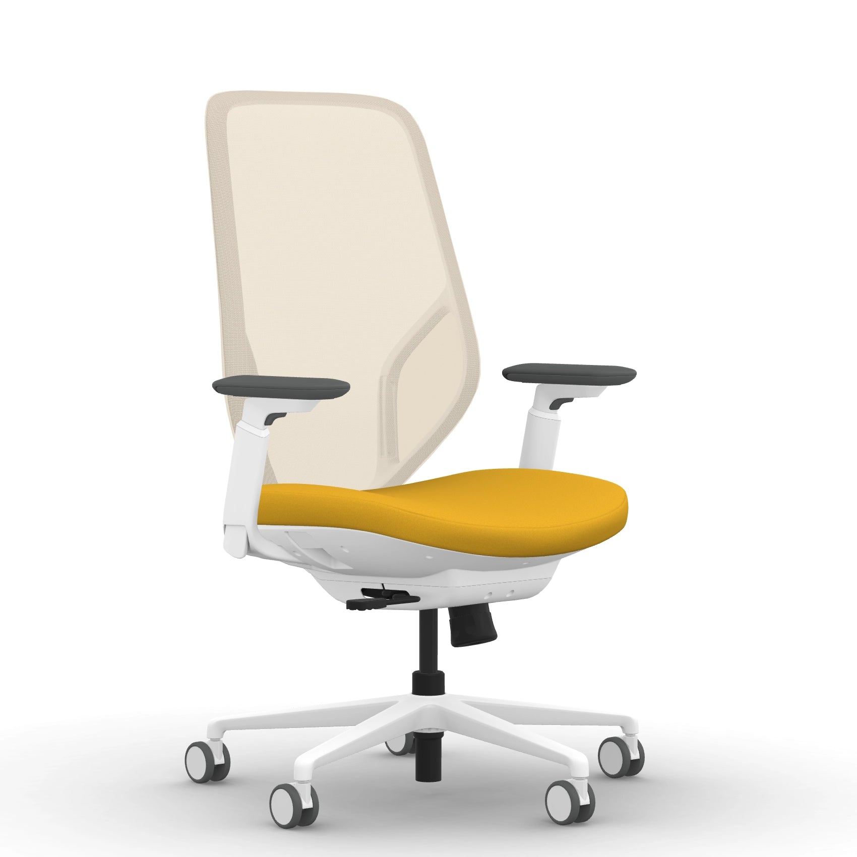Front view of the 9to5 Tori Highback ergonomic task chair in white frame, yellow fabric, and white mesh. Kansas City Office Design.