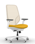 Front view of the 9to5 Tori Highback ergonomic task chair in white frame, yellow fabric, and white mesh. Kansas City Office Design.