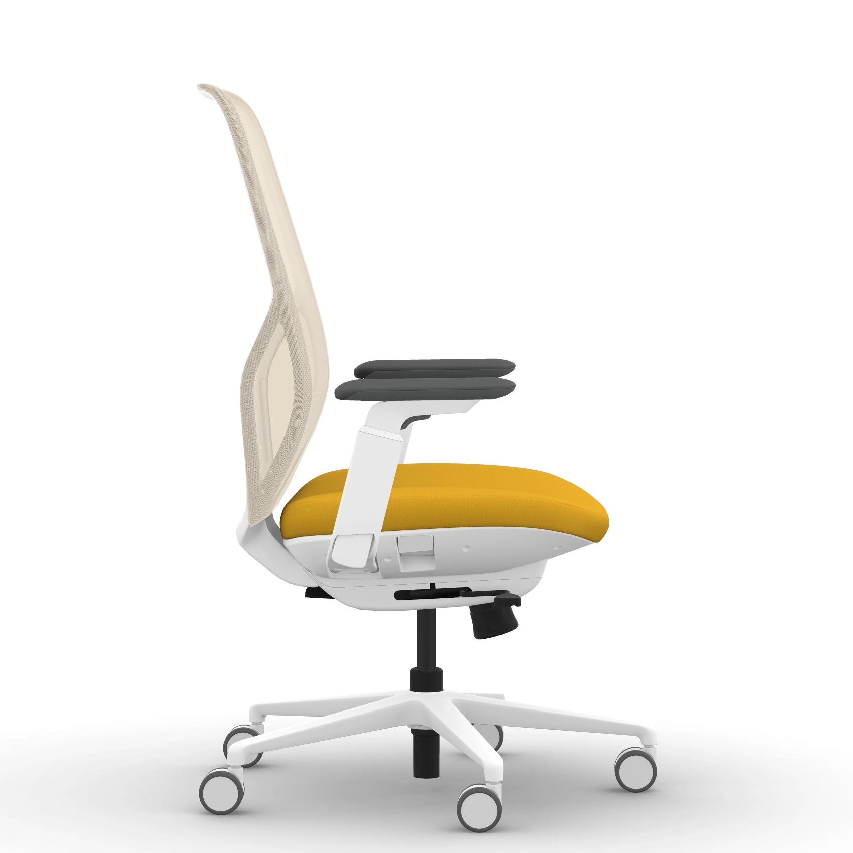 Side view of the 9to5 Tori Highback ergonomic task chair in white frame, yellow fabric, and white mesh. Kansas City Office Design.