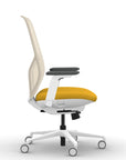 Side view of the 9to5 Tori Highback ergonomic task chair in white frame, yellow fabric, and white mesh. Kansas City Office Design.