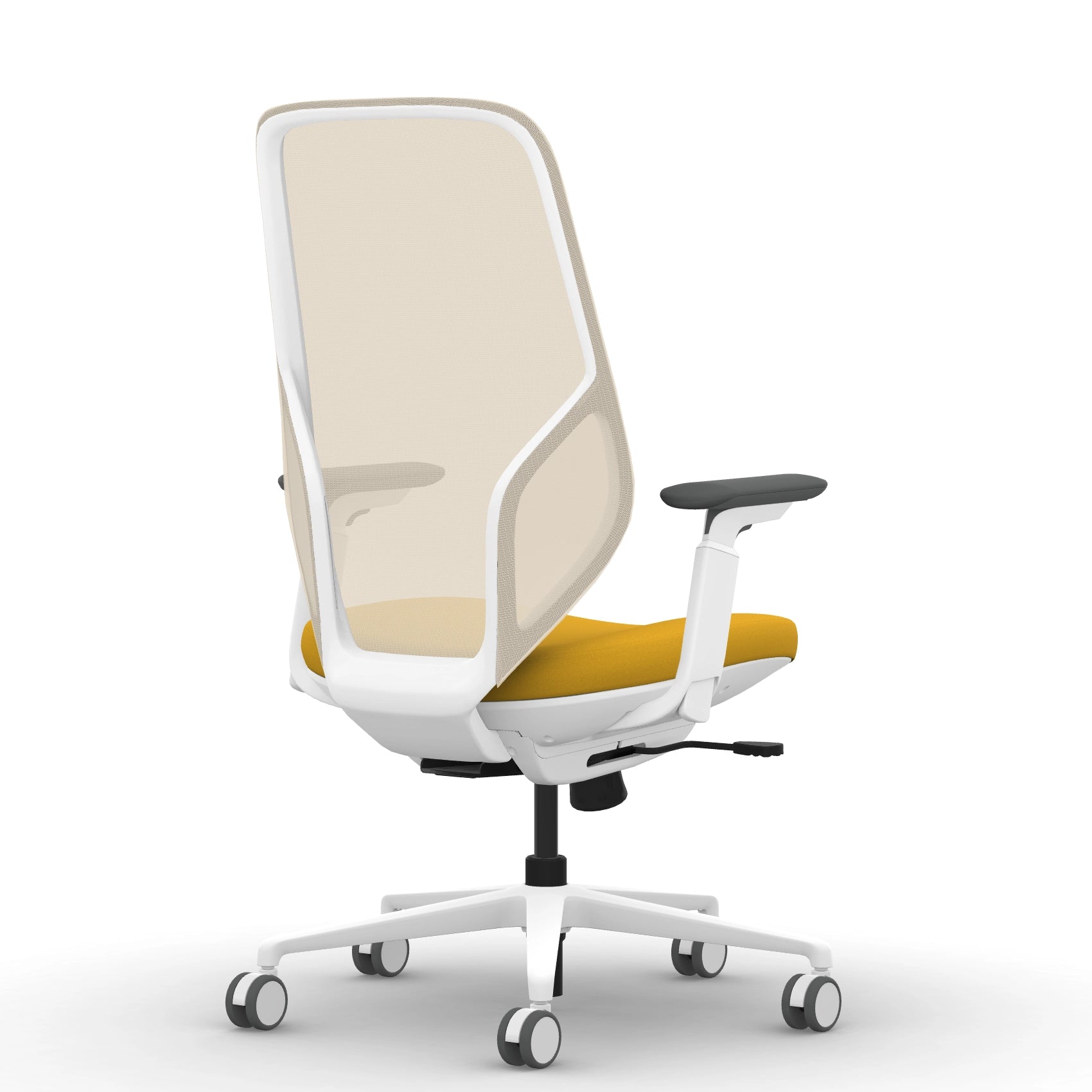 Back view of the 9to5 Tori Highback ergonomic task chair in white frame, yellow fabric, and white mesh. Kansas City Office Design.
