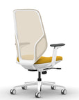 Back view of the 9to5 Tori Highback ergonomic task chair in white frame, yellow fabric, and white mesh. Kansas City Office Design.