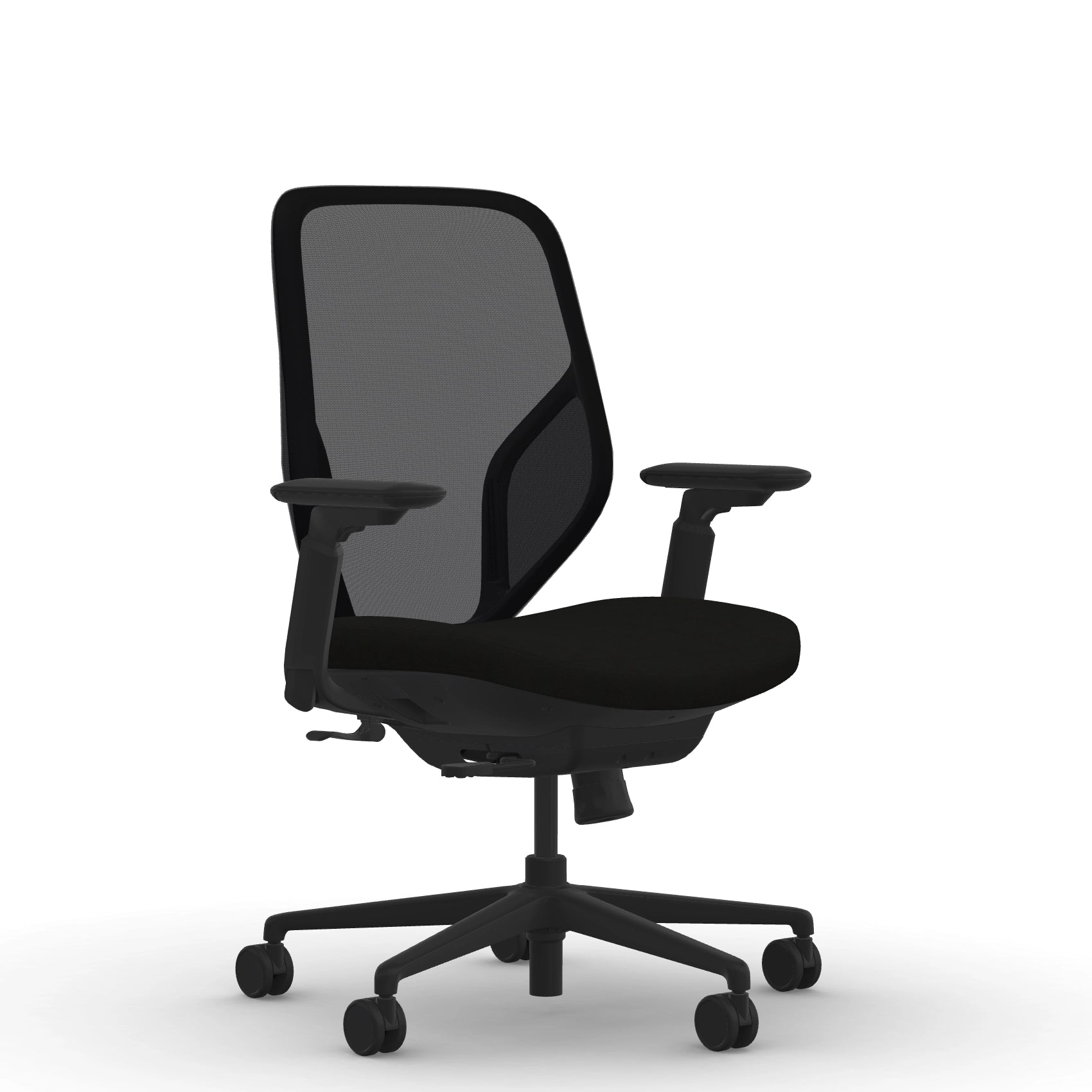 Front view of the 9to5 Tori Midback ergonomic task chair in black frame, black fabric, and black mesh. Kansas City Office Design.