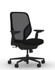 Front view of the 9to5 Tori Midback ergonomic task chair in black frame, black fabric, and black mesh. Kansas City Office Design.
