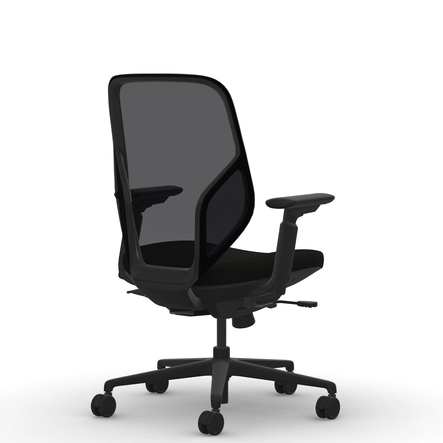 Back view of the 9to5 Tori Midback ergonomic task chair in black frame, black fabric, and black mesh. Kansas City Office Design.
