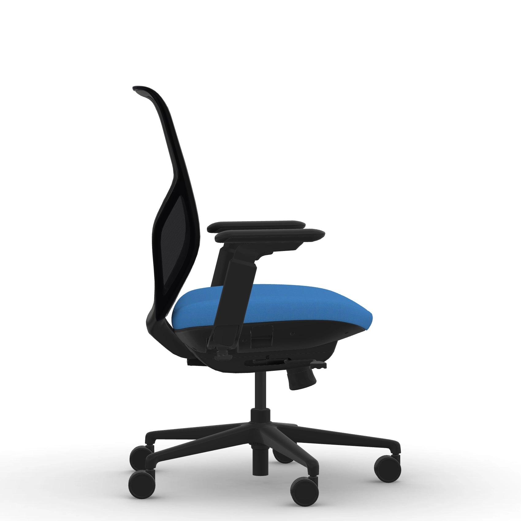 Side view of the 9to5 Tori Midback ergonomic task chair in black frame, blue fabric, and black mesh. Kansas City Office Design.