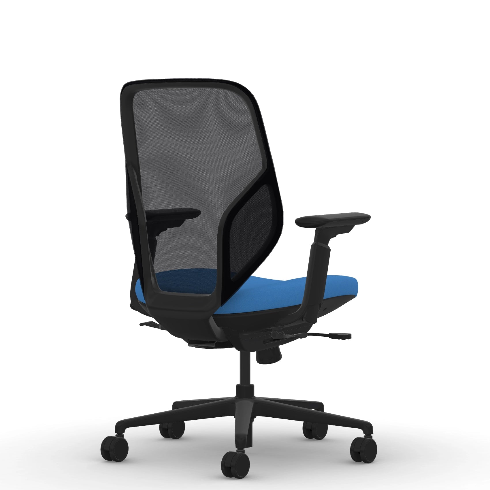 Back view of the 9to5 Tori Midback ergonomic task chair in black frame, blue fabric, and black mesh. Kansas City Office Design.