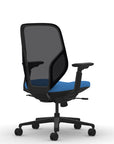 Back view of the 9to5 Tori Midback ergonomic task chair in black frame, blue fabric, and black mesh. Kansas City Office Design.