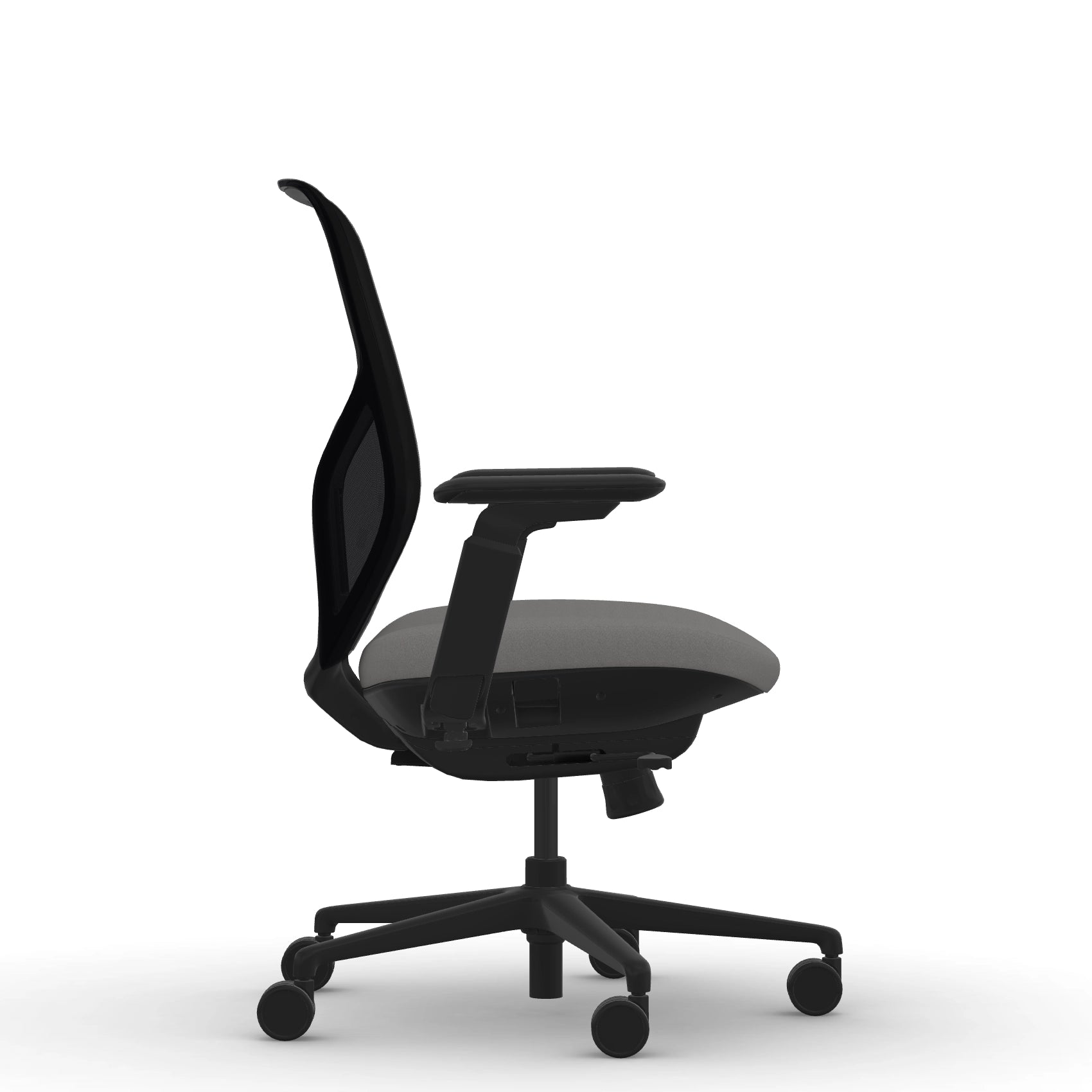 Side view of the 9to5 Tori Midback ergonomic task chair in black frame, gray fabric, and black mesh. Kansas City Office Design.