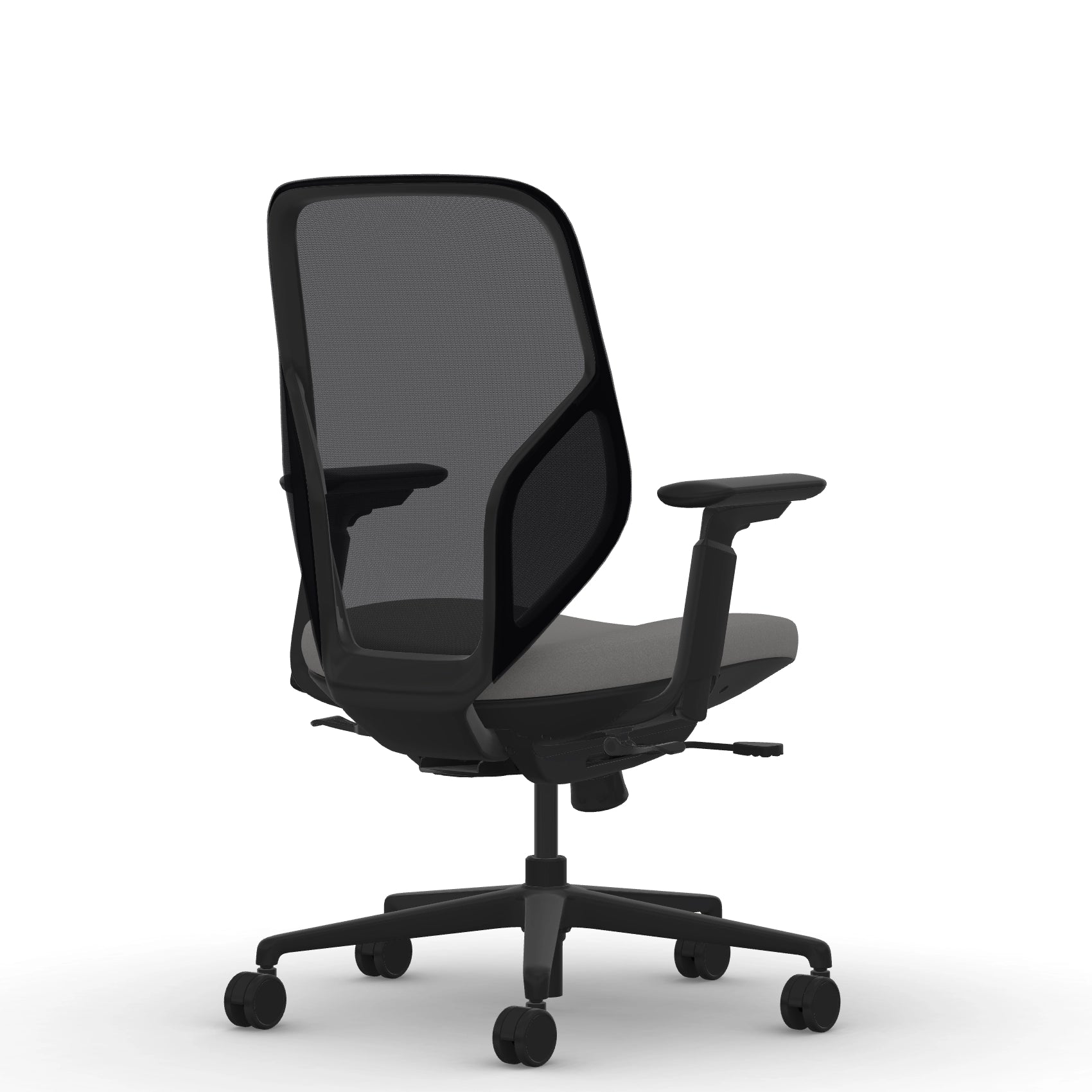 Back view of the 9to5 Tori Midback ergonomic task chair in black frame, gray fabric, and black mesh. Kansas City Office Design.