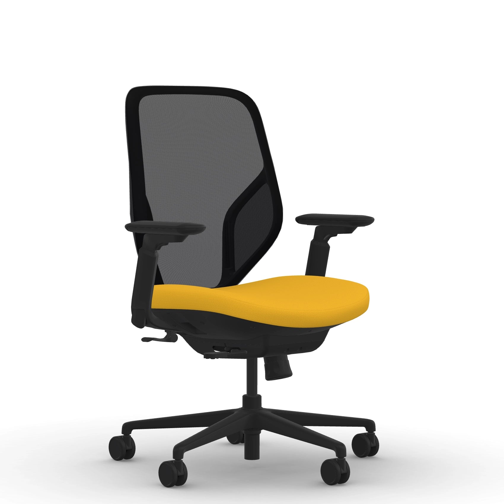 Front view of the 9to5 Tori Midback ergonomic task chair in black frame, yellow fabric, and black mesh. Kansas City Office Design.