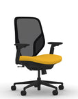 Front view of the 9to5 Tori Midback ergonomic task chair in black frame, yellow fabric, and black mesh. Kansas City Office Design.