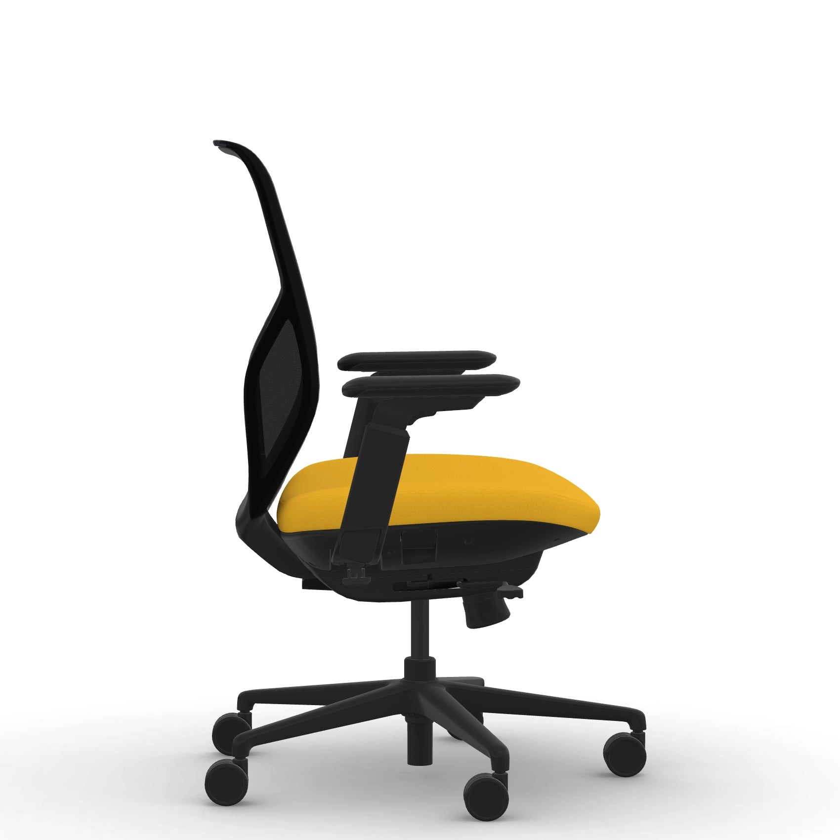 Side view of the 9to5 Tori Midback ergonomic task chair in black frame, yellow fabric, and black mesh. Kansas City Office Design.