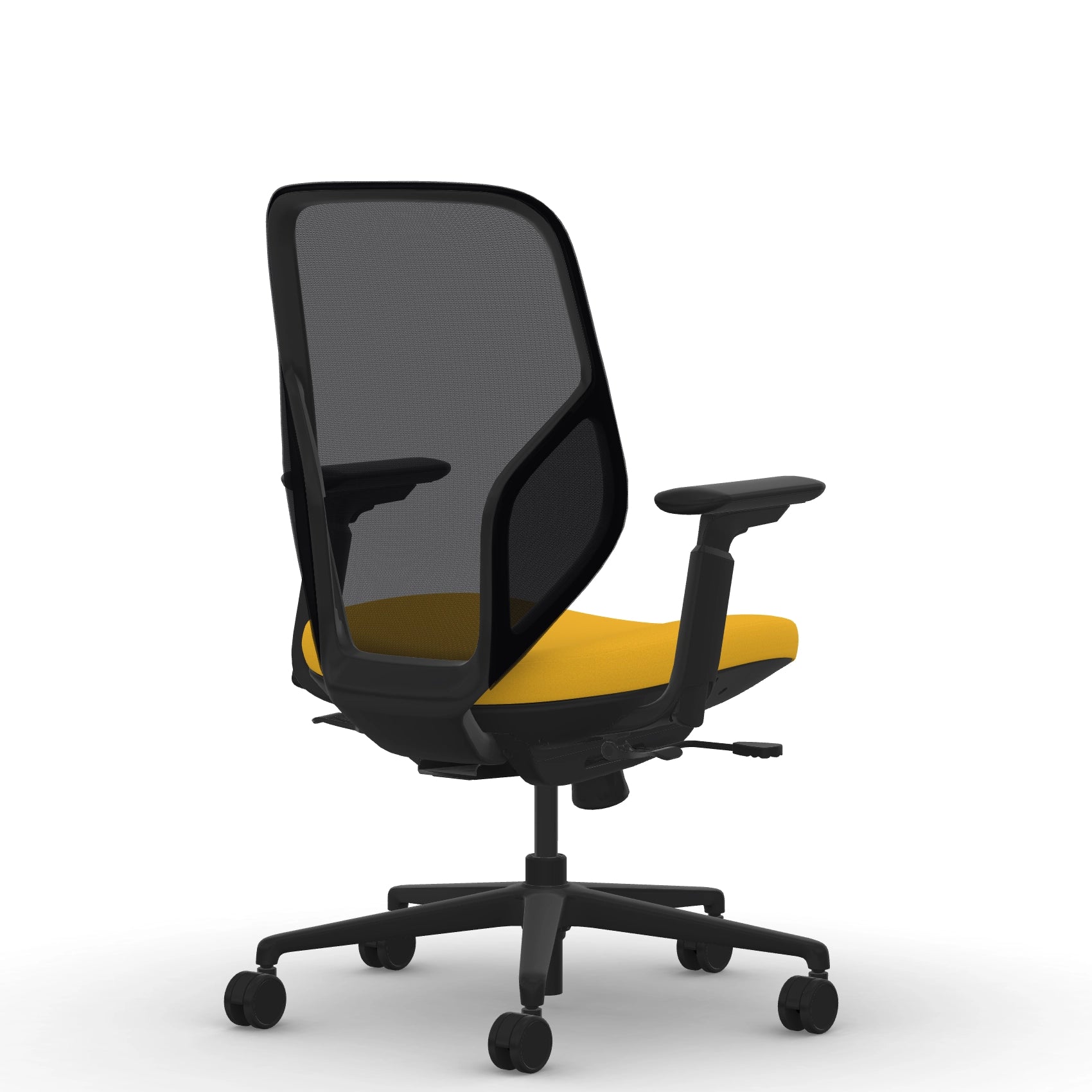 Back view of the 9to5 Tori Midback ergonomic task chair in black frame, yellow fabric, and black mesh. Kansas City Office Design.