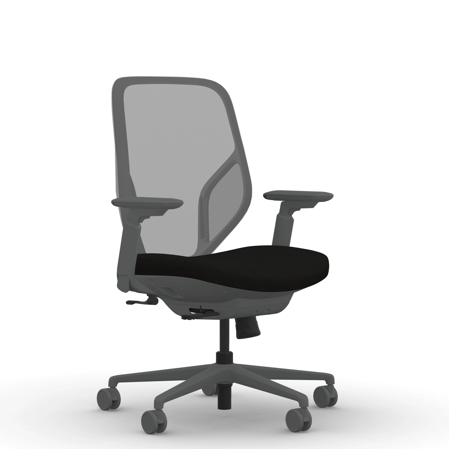 Front view of the 9to5 Tori Midback ergonomic task chair in gray frame, black fabric, and gray mesh. Kansas City Office Design.