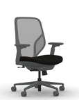 Front view of the 9to5 Tori Midback ergonomic task chair in gray frame, black fabric, and gray mesh. Kansas City Office Design.