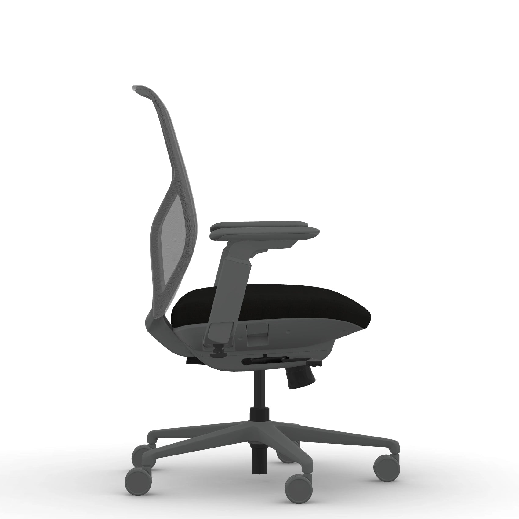 Side view of the 9to5 Tori Midback ergonomic task chair in gray frame, black fabric, and gray mesh. Kansas City Office Design.