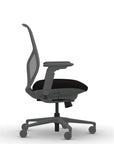 Side view of the 9to5 Tori Midback ergonomic task chair in gray frame, black fabric, and gray mesh. Kansas City Office Design.