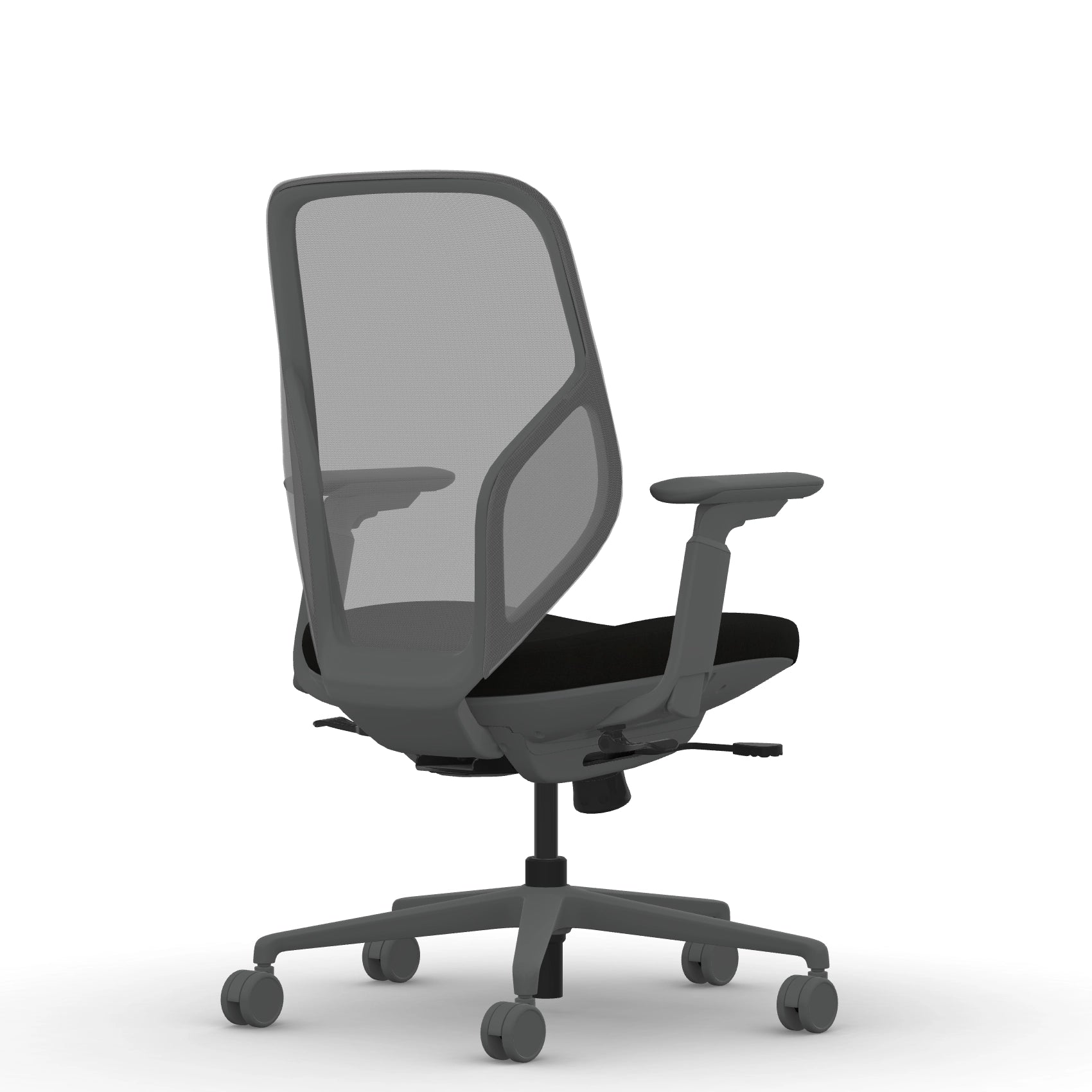 Back view of the 9to5 Tori Midback ergonomic task chair in gray frame, black fabric, and gray mesh. Kansas City Office Design.