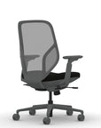 Back view of the 9to5 Tori Midback ergonomic task chair in gray frame, black fabric, and gray mesh. Kansas City Office Design.