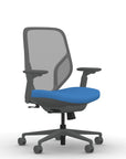 Front view of the 9to5 Tori Midback ergonomic task chair in gray frame, blue fabric, and gray mesh. Kansas City Office Design.