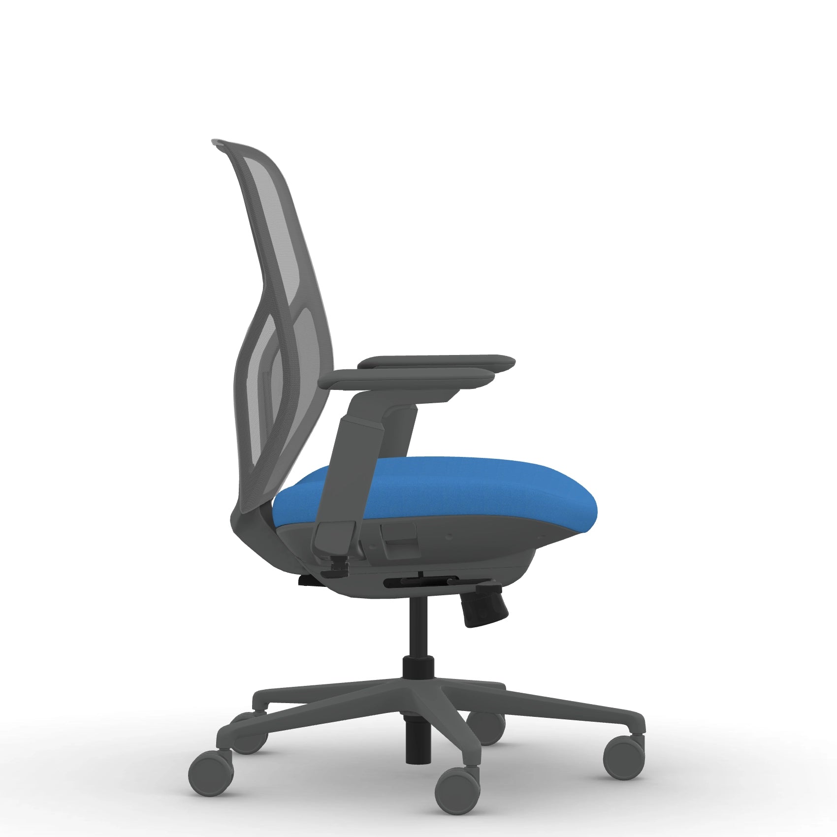 Side view of the 9to5 Tori Midback ergonomic task chair in gray frame, blue fabric, and gray mesh. Kansas City Office Design.