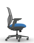 Side view of the 9to5 Tori Midback ergonomic task chair in gray frame, blue fabric, and gray mesh. Kansas City Office Design.