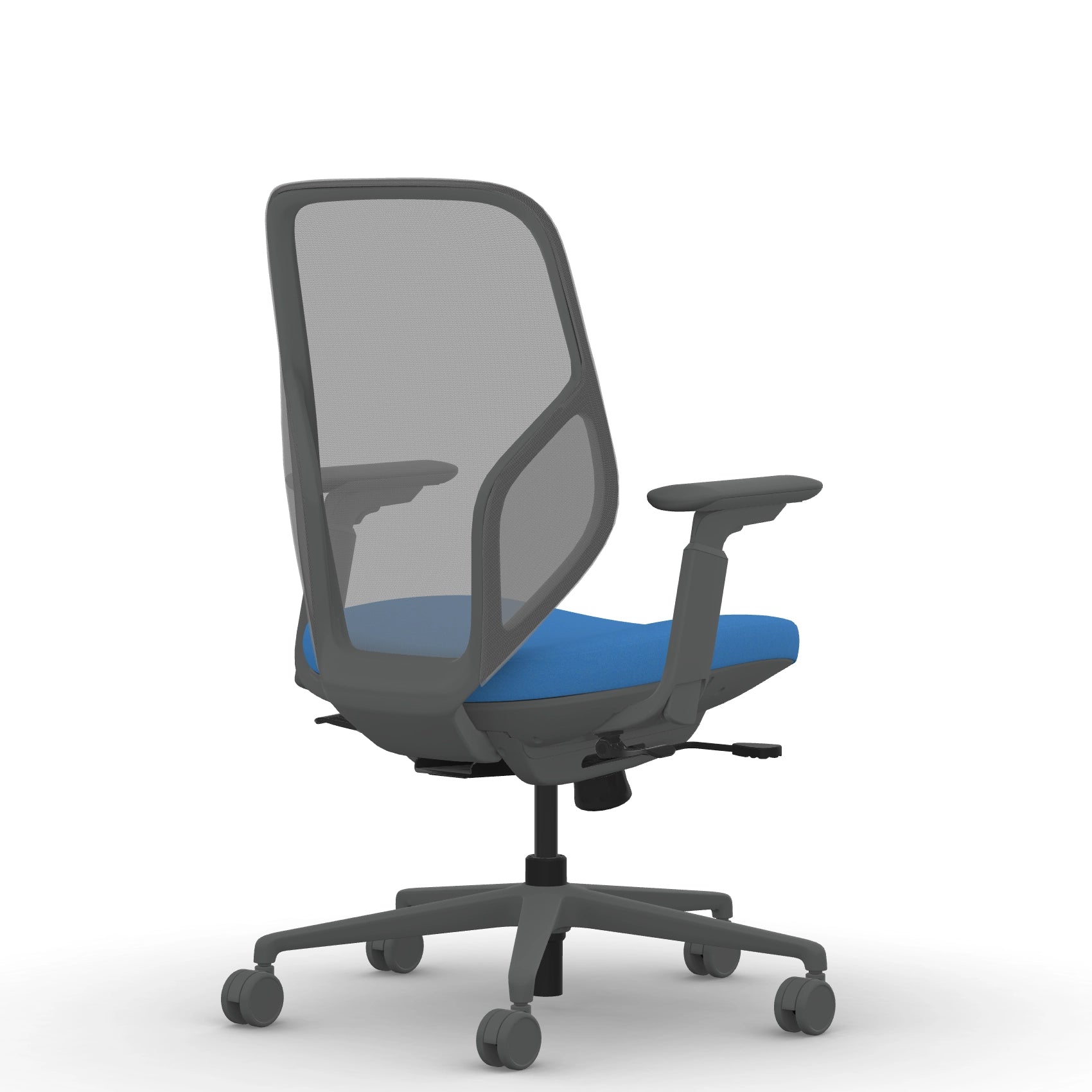 Back view of the 9to5 Tori Midback ergonomic task chair in gray frame, blue fabric, and gray mesh. Kansas City Office Design.