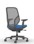 Back view of the 9to5 Tori Midback ergonomic task chair in gray frame, blue fabric, and gray mesh. Kansas City Office Design.