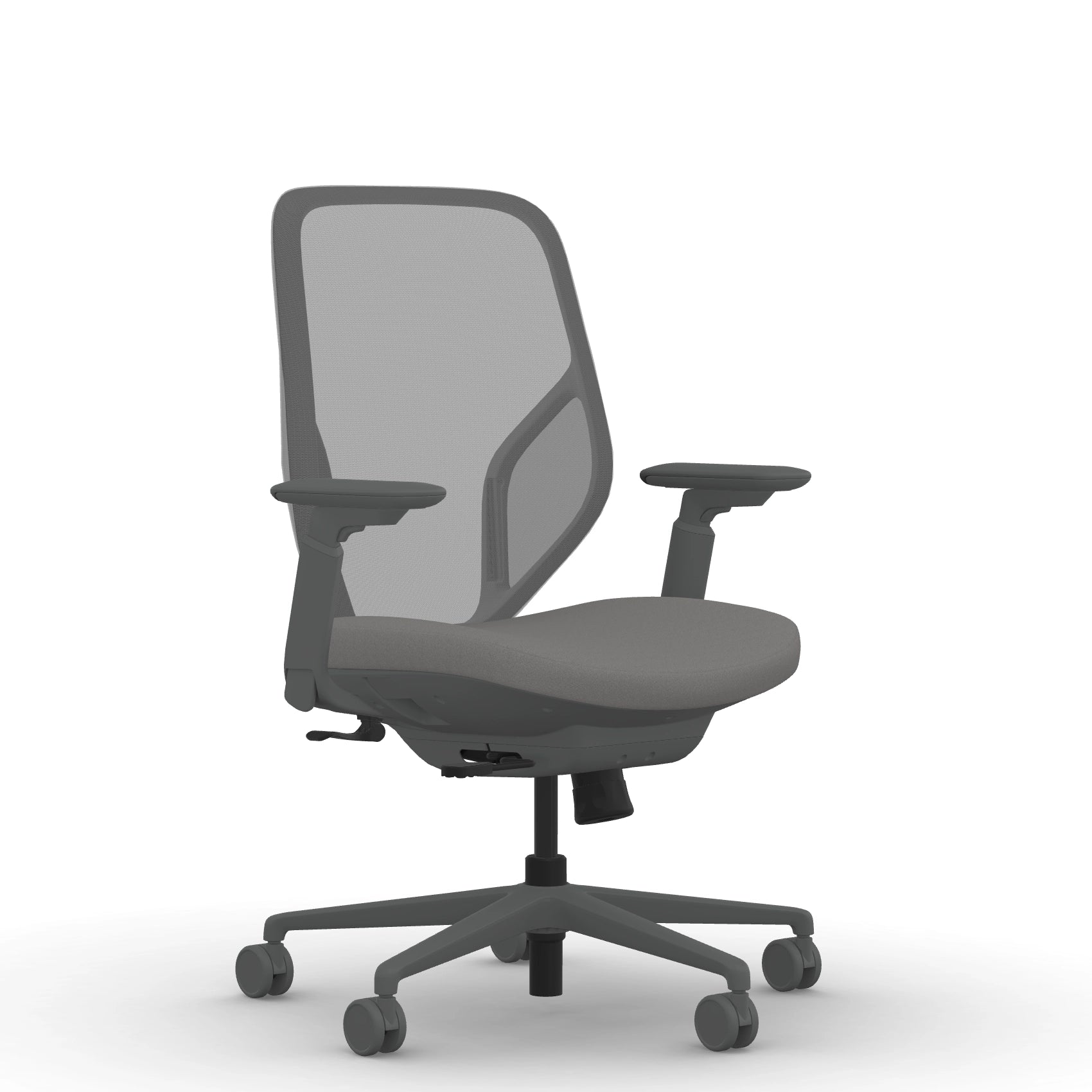 Front view of the 9to5 Tori Midback ergonomic task chair in gray frame, gray fabric, and gray mesh. Kansas City Office Design.