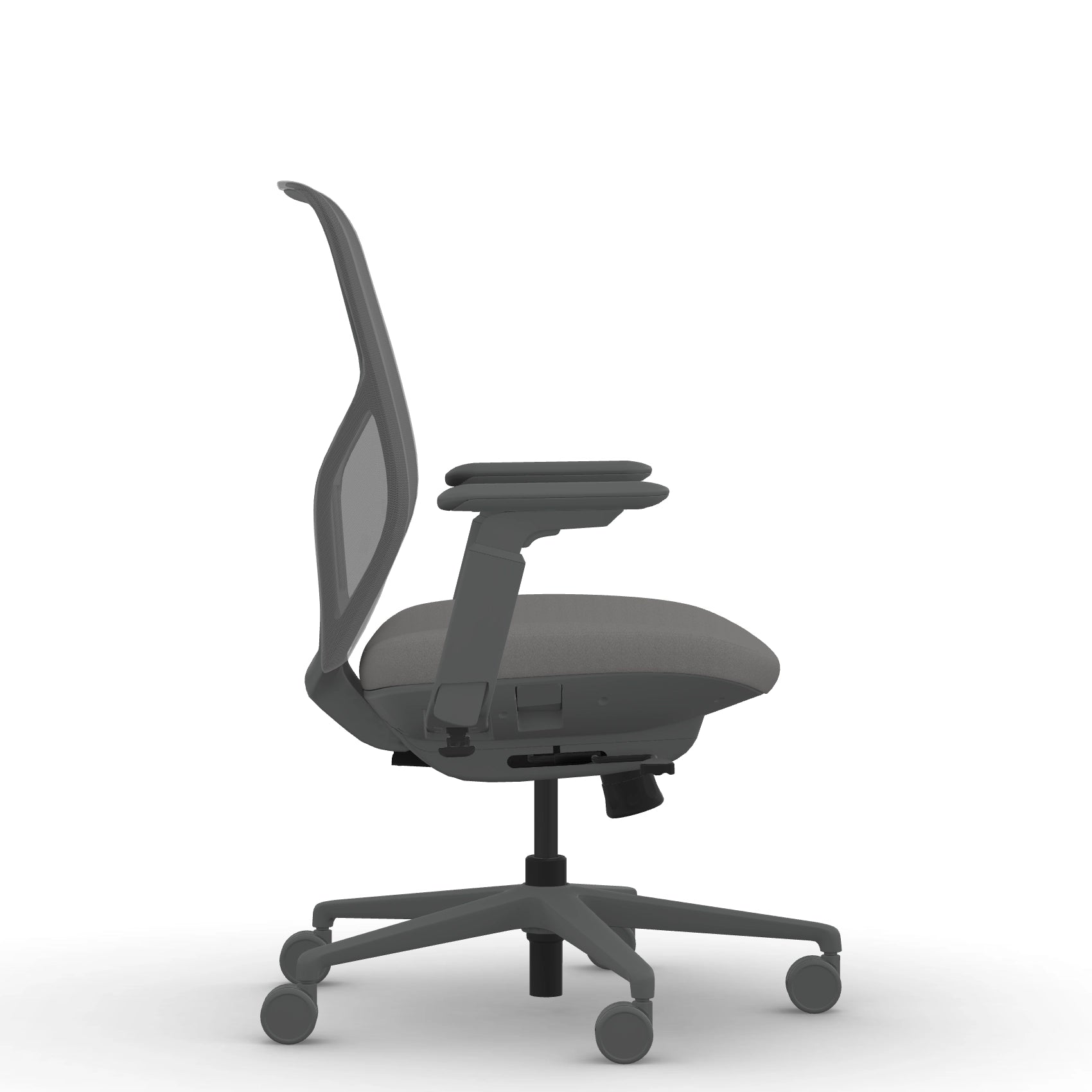 Side view of the 9to5 Tori Midback ergonomic task chair in gray frame, gray fabric, and gray mesh. Kansas City Office Design.
