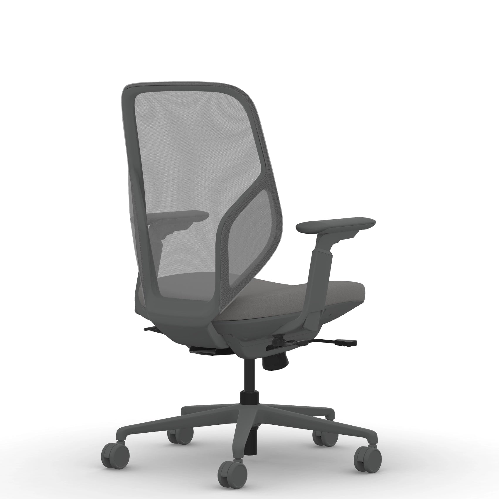 Back view of the 9to5 Tori Midback ergonomic task chair in gray frame, gray fabric, and gray mesh. Kansas City Office Design.