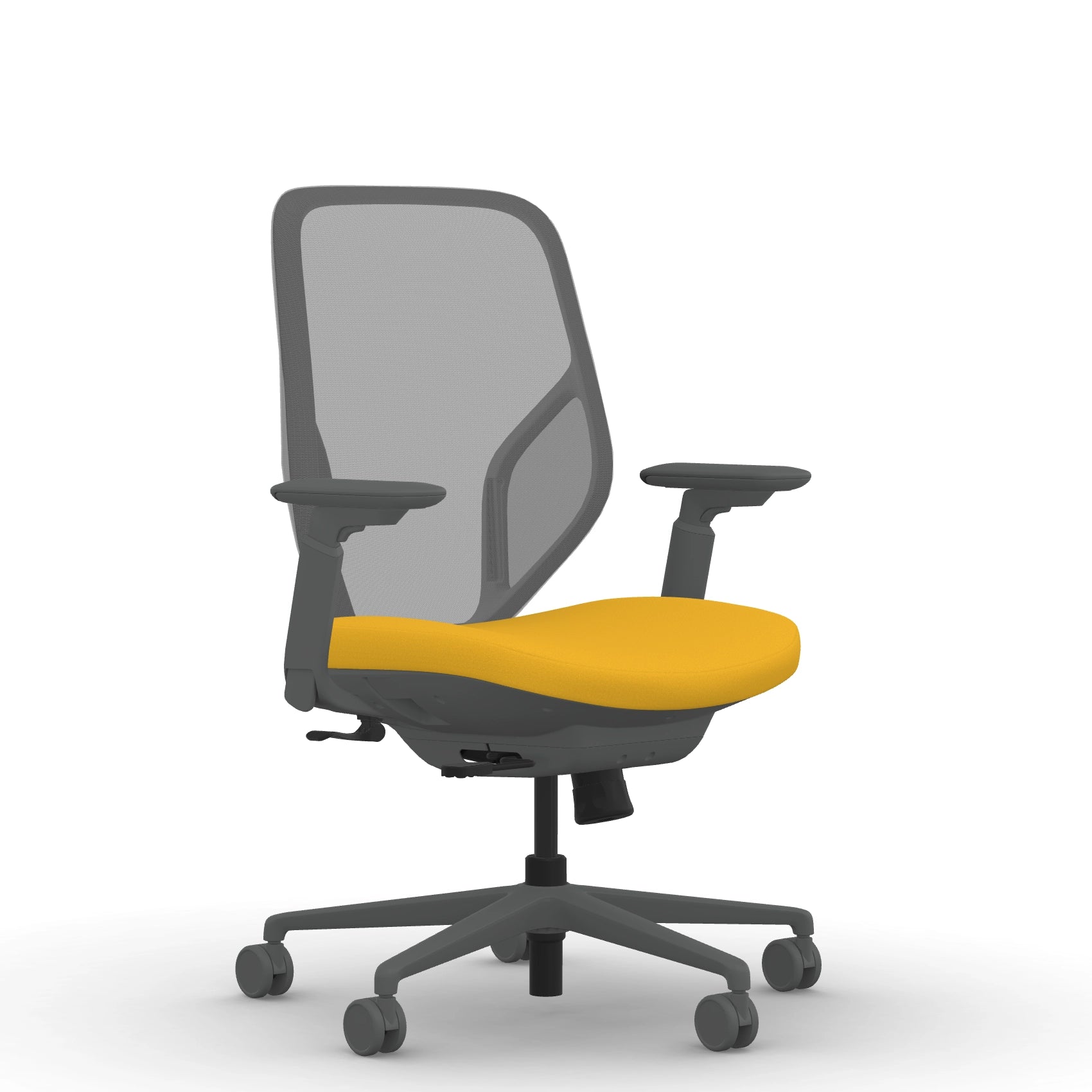 Front view of the 9to5 Tori Midback ergonomic task chair in gray frame, yellow fabric, and gray mesh. Kansas City Office Design.