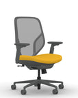 Front view of the 9to5 Tori Midback ergonomic task chair in gray frame, yellow fabric, and gray mesh. Kansas City Office Design.
