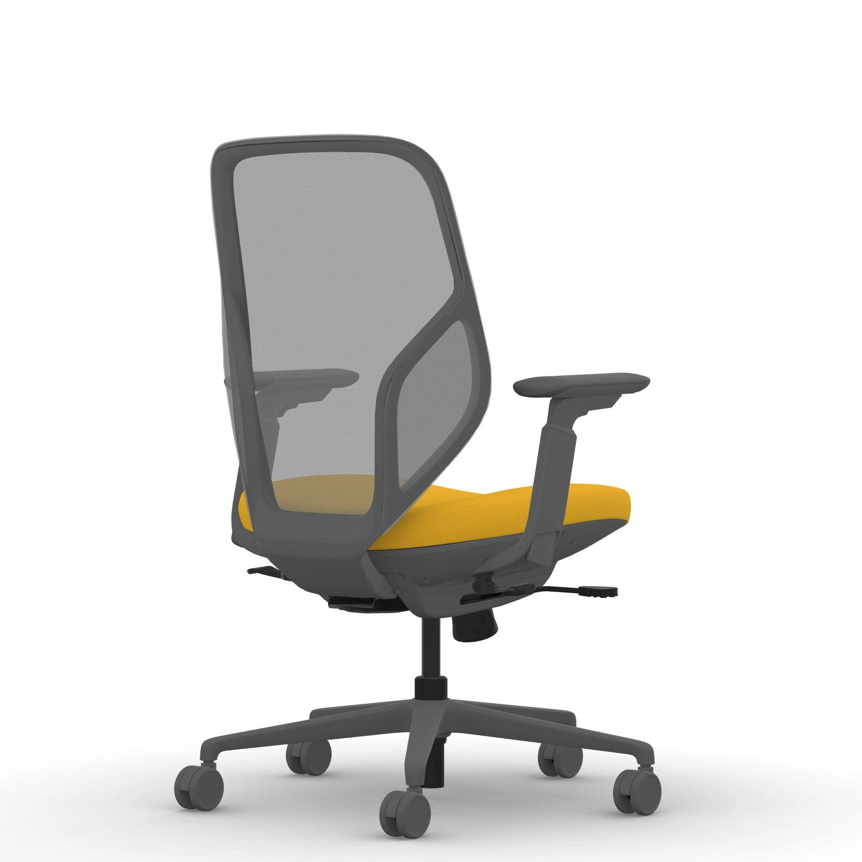 Back view of the 9to5 Tori Midback ergonomic task chair in gray frame, yellow fabric, and gray mesh. Kansas City Office Design.