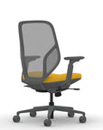 Back view of the 9to5 Tori Midback ergonomic task chair in gray frame, yellow fabric, and gray mesh. Kansas City Office Design.