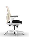 Side view of the 9to5 Tori Midback ergonomic task chair in white frame, black fabric, and white mesh. Kansas City Office Design.