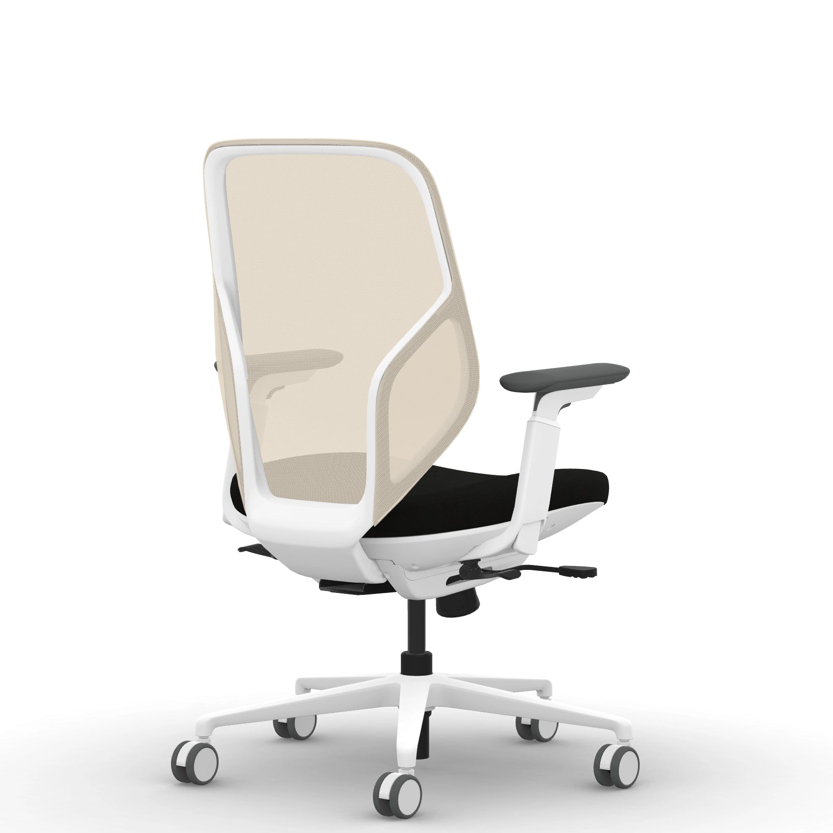 Back view of the 9to5 Tori Midback ergonomic task chair in white frame, black fabric, and white mesh. Kansas City Office Design.