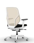 Back view of the 9to5 Tori Midback ergonomic task chair in white frame, black fabric, and white mesh. Kansas City Office Design.