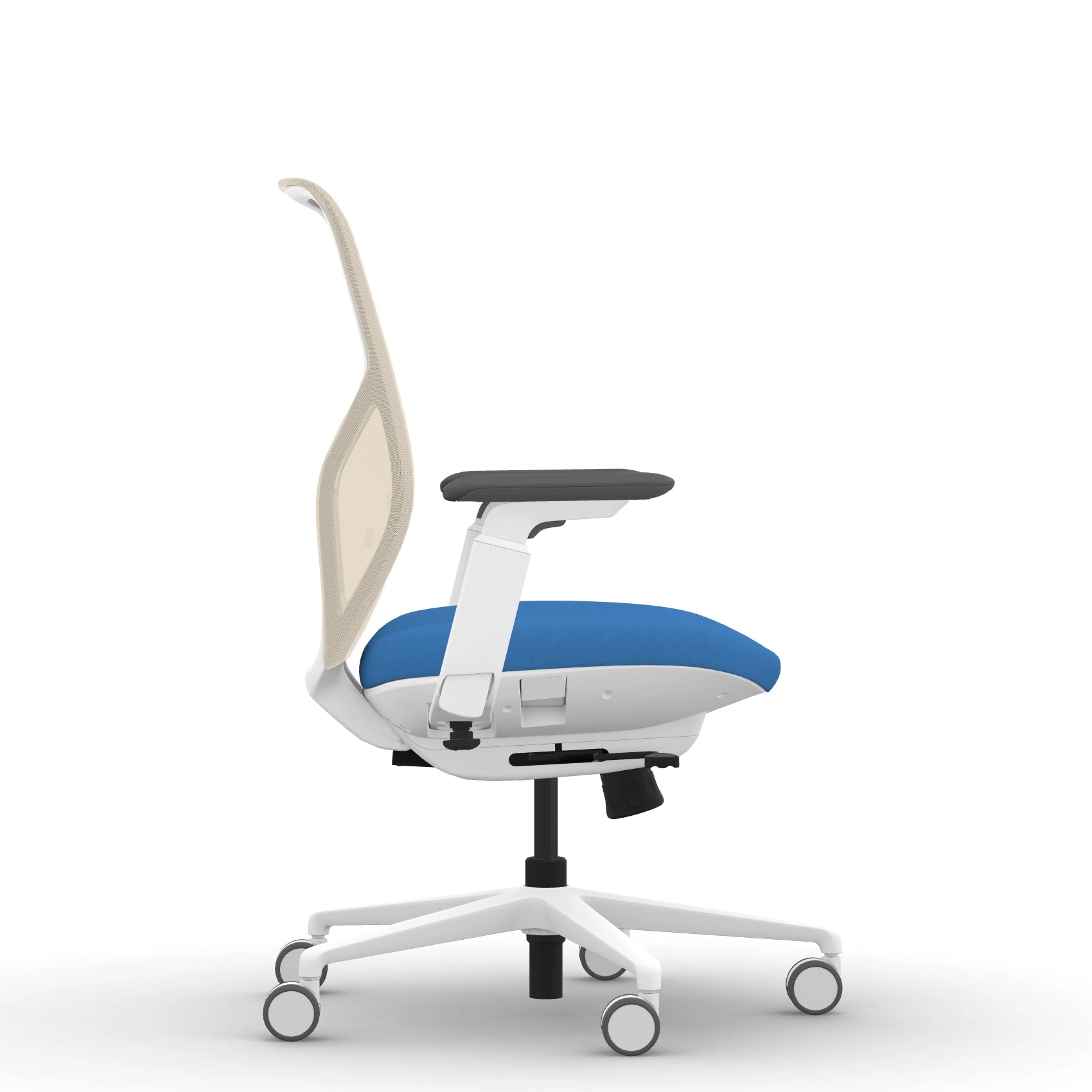Side view of the 9to5 Tori Midback ergonomic task chair in white frame, blue fabric, and white mesh. Kansas City Office Design.