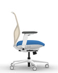 Side view of the 9to5 Tori Midback ergonomic task chair in white frame, blue fabric, and white mesh. Kansas City Office Design.