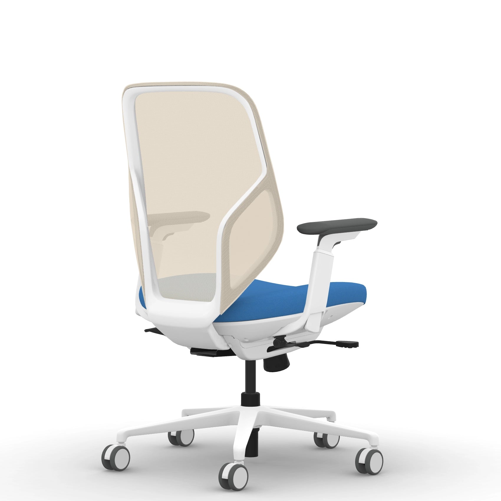 Back view of the 9to5 Tori Midback ergonomic task chair in white frame, blue fabric, and white mesh. Kansas City Office Design.
