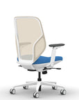 Back view of the 9to5 Tori Midback ergonomic task chair in white frame, blue fabric, and white mesh. Kansas City Office Design.