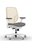 Front view of the 9to5 Tori Midback ergonomic task chair in white frame, gray fabric, and white mesh. Kansas City Office Design.