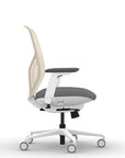 Side view of the 9to5 Tori Midback ergonomic task chair in white frame, gray fabric, and white mesh. Kansas City Office Design.