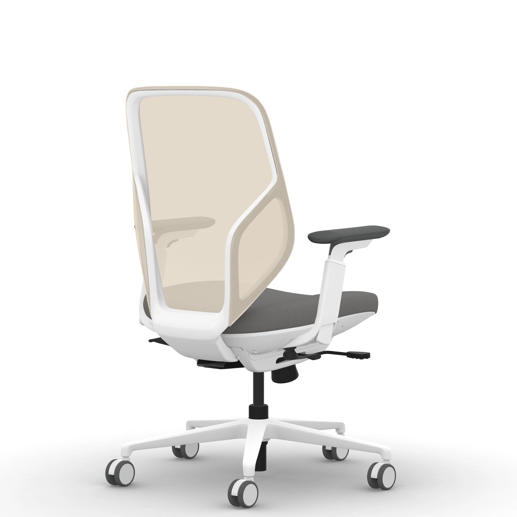 Back view of the 9to5 Tori Midback ergonomic task chair in white frame, gray fabric, and white mesh. Kansas City Office Design.