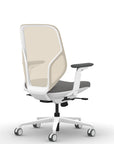 Back view of the 9to5 Tori Midback ergonomic task chair in white frame, gray fabric, and white mesh. Kansas City Office Design.