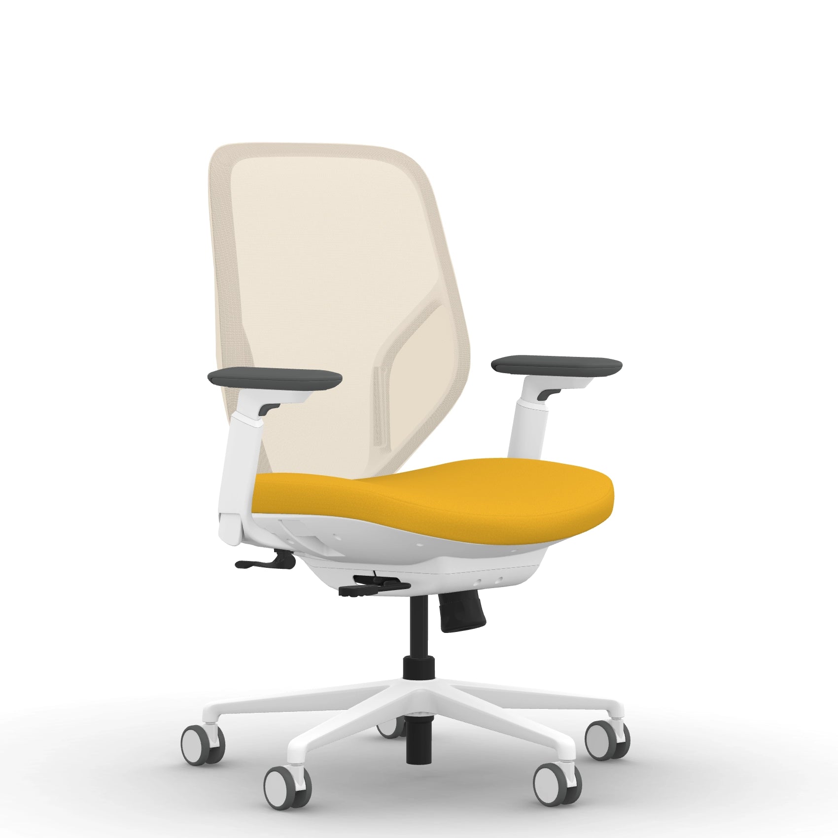 Front view of the 9to5 Tori Midback ergonomic task chair in white frame, yellow fabric, and white mesh. Kansas City Office Design.