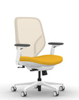 Front view of the 9to5 Tori Midback ergonomic task chair in white frame, yellow fabric, and white mesh. Kansas City Office Design.